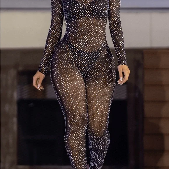 1. Sheer Rhinestone Elegant Black and White Jumpsuit Size Unknown. - Picture 2 of 11